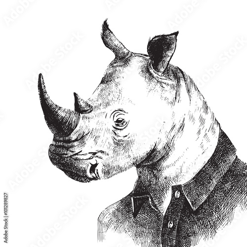Obraz na płótnie canvas czteroczęściowy "tetraptyk" Ręcznie rysowane ubrane nosorożca w stylu hipster