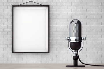 Poster - Vintage Silver Microphone in front of Brick Wall with Blank Fram