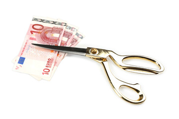 Scissors cut euro banknotes, isolated on white