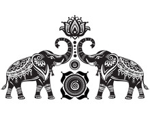 Stylized Decorated Elephants And Lotus Flower