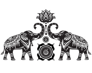 Wall Mural - Stylized decorated elephants and lotus flower