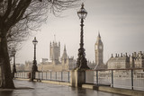 Fototapeta Londyn - Early in the morning in central London with Big Ben and Houses of Parliament - vintage version - London, UK