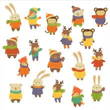 Animals Wearing Warm Clothes. Vector Illustration Set
