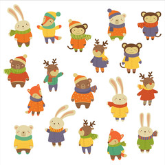 Wall Mural - Animals Wearing Warm Clothes. Vector Illustration Set