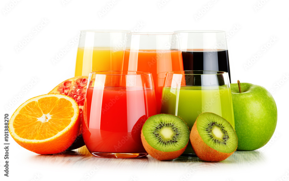Glasses of assorted fruit juices isolated on white. Detox diet - obrazy, fototapety, plakaty 