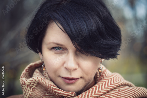 Closeup Portrait Of Middle Aged Caucasian Dark Hair Brunette
