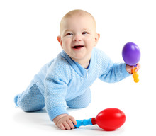 Adorable Baby With Plastic Musical Toy Isolated On White Background