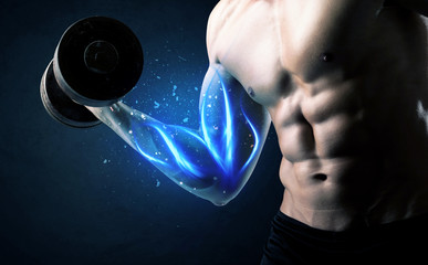 fit athlete lifting weight with blue muscle light concept