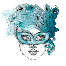 Dotted Girl Face In Venetian Carnival Mask Colombina With Outline Peacock Feathers Isolated On White Background.