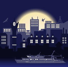Industrial European Vintage Styled City, Travel Boat And Seagulls On Bright Blue Sunset Background. Vector Illustration
