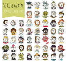 Cartoon Funny User Avatars In Doodle Style. Set Of Women, Men Character Faces With Different Emotions, Professions. Cute Vector Isolated On White. All People Organized In Groups For Easy Editing.
