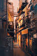painting of narrow alleyway in old town at evening