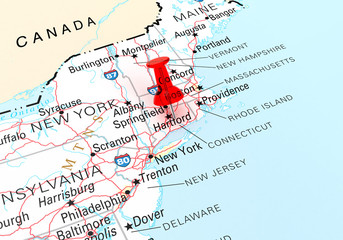 Wall Mural - Red Thumbtack Over Connecticut, Map is Copyright Free Off a Gove