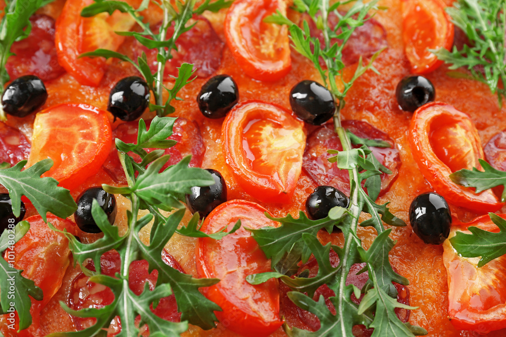 Background of delicious pizza, close-up