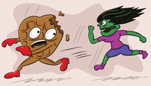 Cartoon Illustration Of A Zombie Woman Chasing Heart Shaped Chocolate Bar