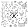 Sauna accessories sketch. Hand drawn spa items collection. Doodle sauna objects isolated on white background.