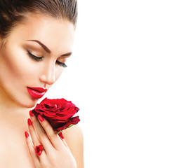 Wall Mural - beauty woman with red rose isolated on white background