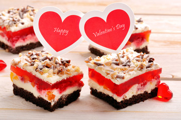 Two sweet cakes with hearts for Valentines Day with space for te