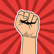 Vector illustration in retro style of clenched fist held high in protest. Comics art.