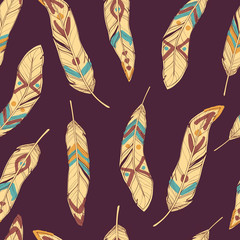 Poster - Vector colorful seamless ethnic pattern with decorative feathers