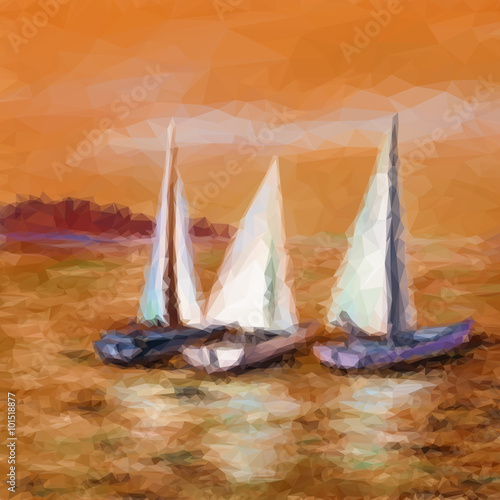 Fototapeta na wymiar Landscape, Sailboats Yachts Floating in the Sea, Low Poly Picture. Vector