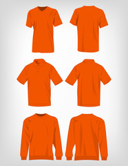 Sport orange t-shirt, sweater and polo shirt isolated set vector