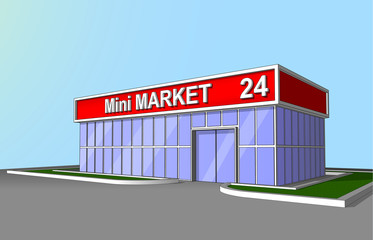 Mini market shop facade retail trade 24 hours front view