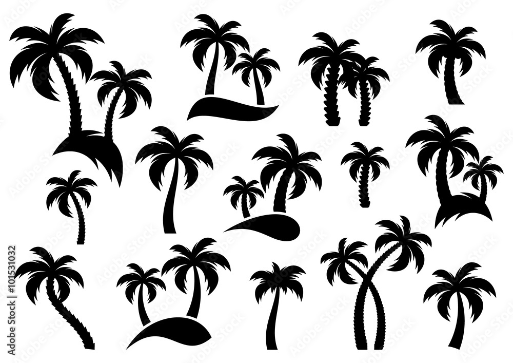 Vector palm tree silhouette icons - obrazy, fototapety, plakaty 