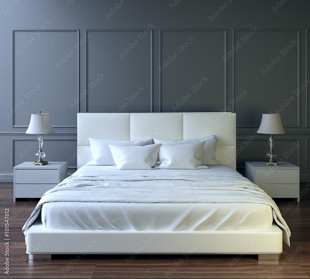 Modern bedroom design interior, white bed, gray wall, dark wood floor Stock  Illustration | Adobe Stock, image size:1000x901