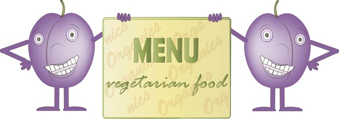 Two smiling purple plums, bord with inscription Menus, Vegetarian food, hands, legs, eyes, white background. Design element, package design, product packaging, label, children, vector, clipart, vector