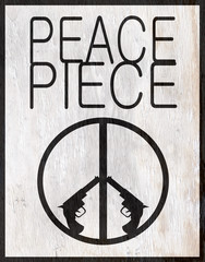 Wall Mural - peace symbol with hand guns on wood grain texture