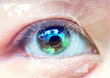 Close up women eye scanning technology in the futuristic, operat
