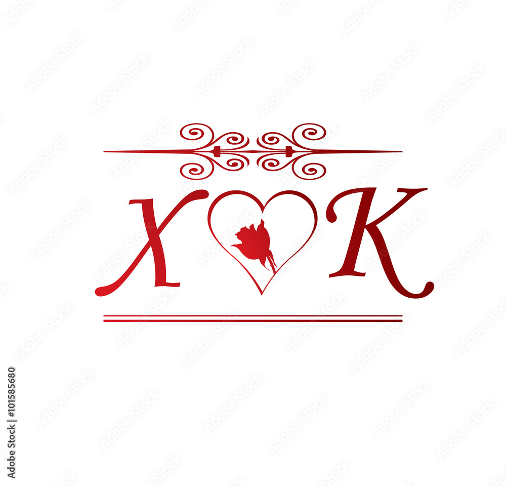 XK love initial with red heart and rose Stock Vector | Adobe Stock