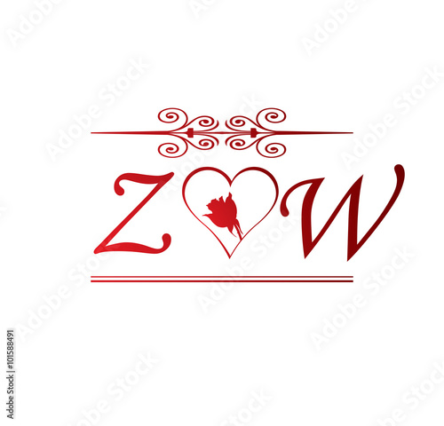 Zw Love Initial With Red Heart And Rose Stock Vector Adobe Stock