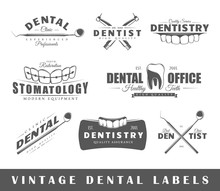 Set Of Dentist Labels. Elements For Design On The Dentist Theme. Collection Of Dentist Symbols: Tooth, Jaw, Dental Tools. Modern Labels Of Dentist. Emblems And Logos Of Dentist. Vector Illustration 