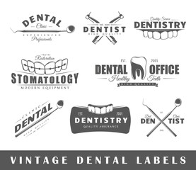 Wall Mural - Set of dentist labels. Elements for design on the dentist theme. Collection of dentist symbols: tooth, jaw, dental tools. Modern labels of dentist. Emblems and logos of dentist. Vector illustration 