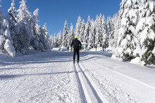 Winter Road In Mountains. Male Skier On Groomed Ski Trails For Cross-country. Trees Covered With Fresh Snow In Sunny Day In Karkonosze, Giant Mountains, Poland. 