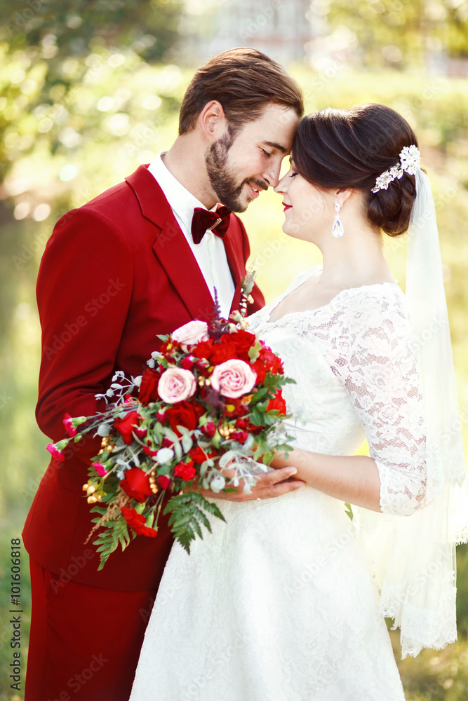 couple in red dress Modern, Alternative Couple with Red Dress and Brown Suit