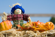 Fall Scarecrow – Fall Decorations, Including A Scarecrow, Pumpkins, Autumn Leaves, And Straw. Horizontal Format.