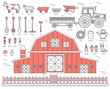 Organic farm in village set and tile in thin lines style design. instruments, flower, vegetables, fruits, hay, farm building, animals, tractor, tools, clothing. Vector illustrations background concept