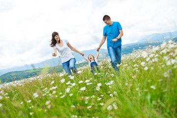 Wall Mural - Happy family in a camomile field 