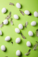 White Eggs And Feather On Green Background