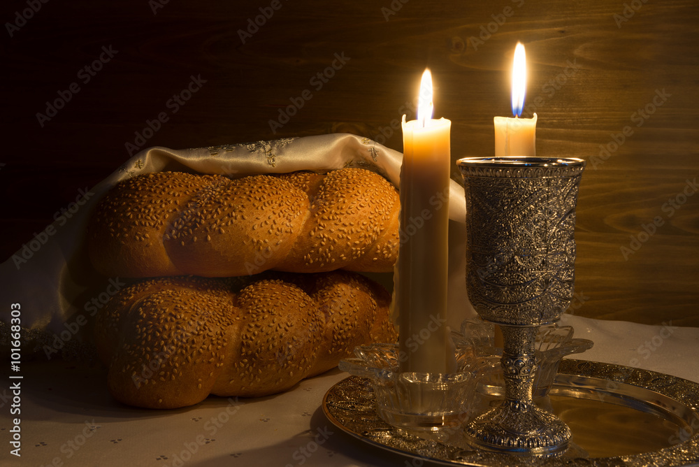 Shabbat Shalom Wine, Challah And Candles Wall Mural | Wallpaper Murals