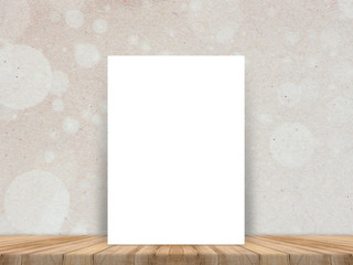 Blank white paper poster at tropical plank wooden floor and paper wall, Template mock up for adding your content,leave side space for display of product