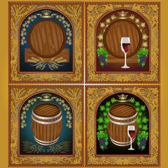 Wall Mural - set of wine and beer baners with barrels and pattern frames