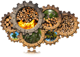 Wall Mural - Firewood Production - Wooden Gears / Seven wooden cogs with green forest, trees, fallen trees, pile of firewood and flames. Firewood production concept