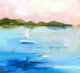 Abstract colorful oil painting landscape on canvas. Semi- abstract image of white sailboat and green hill, blue lake with sunlight and sky. Spring season nature background