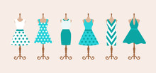 Set Of 6 Retro Pinup Cute Woman Dresses On A Mannequin. Short And Long Elegant Green, Blue And White Color Polka Dot Design Lady Dress Collection. Vector Art Image Illustration, Isolated On Background