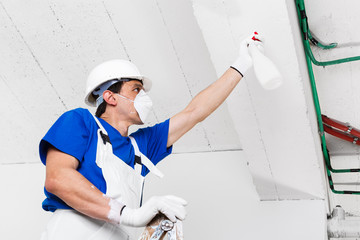 Wall Mural - worker spraying ceiling with spray bottle