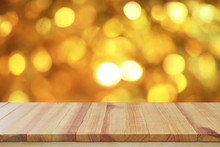 Wood Table Top On Shiny Bokeh Gold Background - Can Be Used For Display Or Montage Your Products